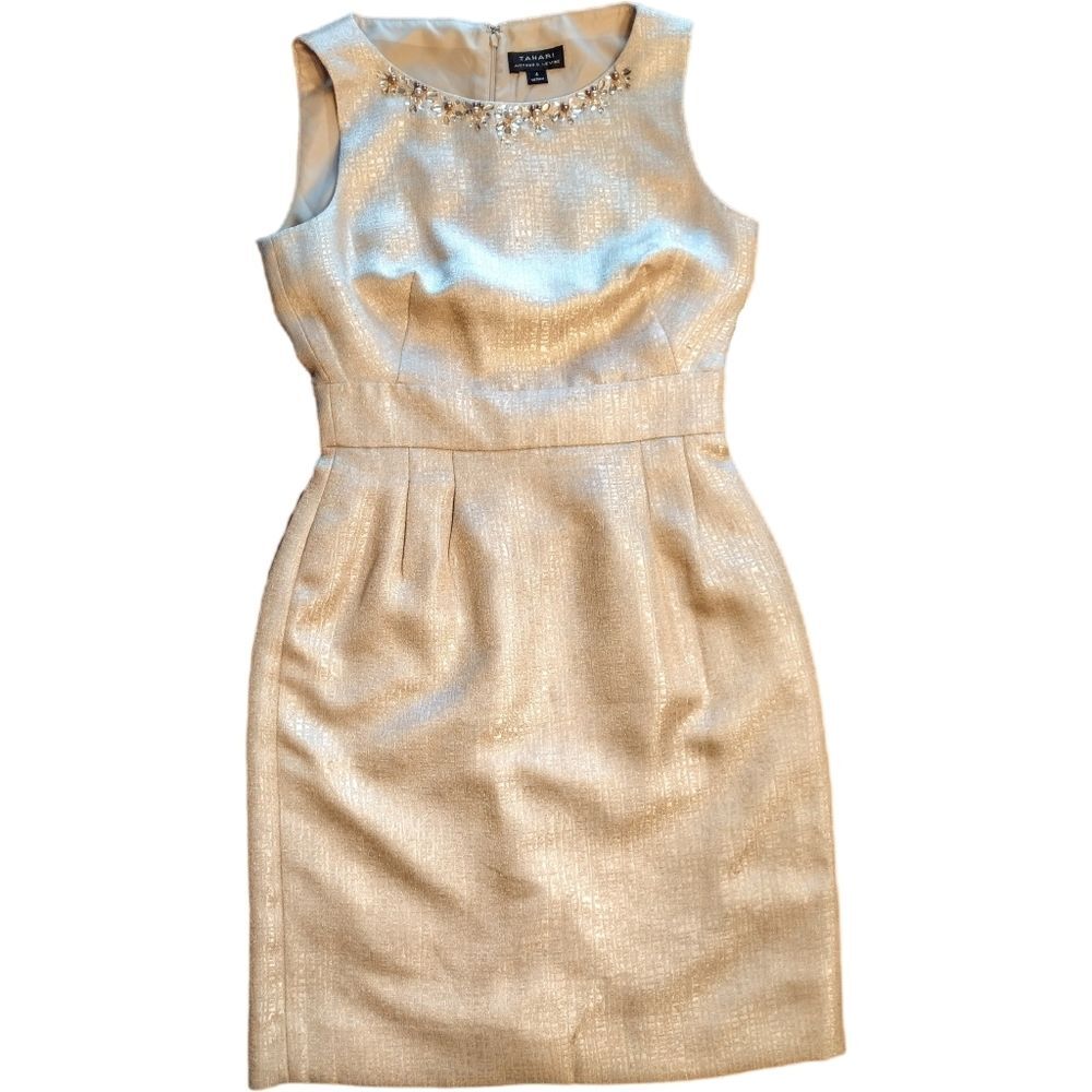 NWT Tahari ASL Sleeveless Sheath Dress With Rhinestone Accent, Size 4, Beige
